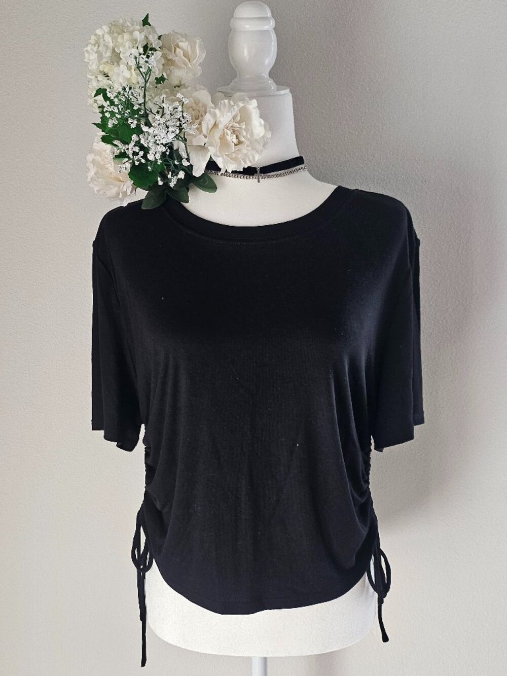 ASTR The Label Black Ruched Side Drawstring Top NWT Size XL Adjustable Length
